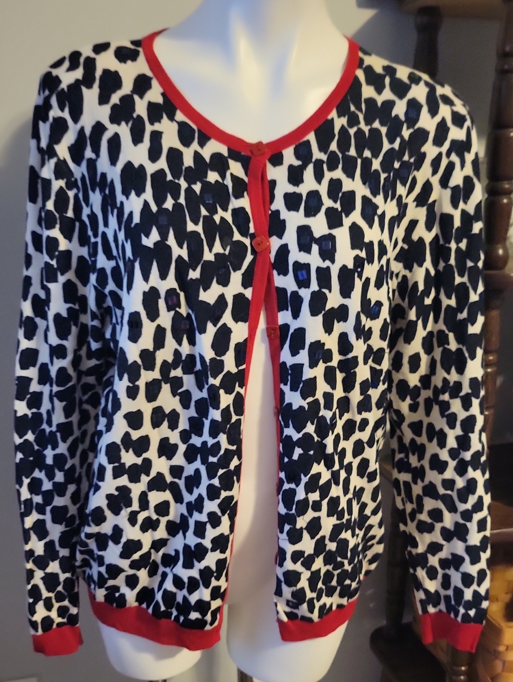 Alfred Dunner Black and White Animal-Print Cardigan with Red Trim...size Medium
